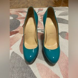 Christian Louboutin Turquoise Patent Leather Round Toe Platform High Heel